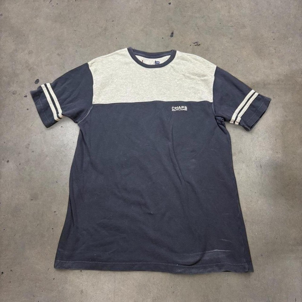 Vintage Chaps Ralph Lauren Mens Large Blue Grey Colorblock Stripe Sleeve T-Shirt